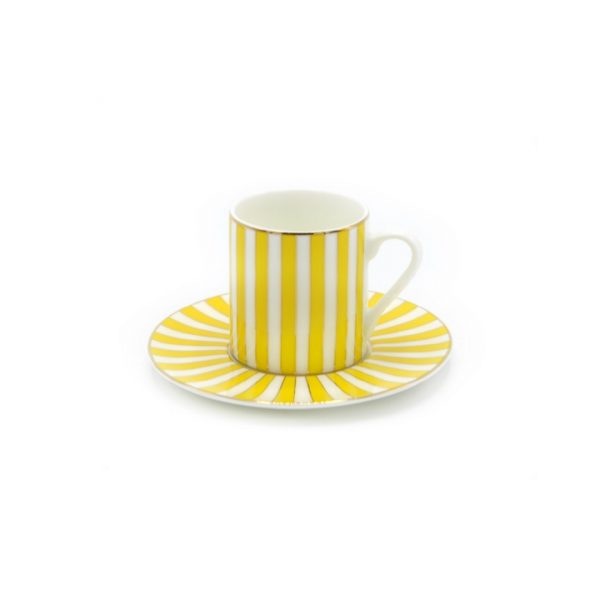 Set of 6 Yellow Stripes Espresso Cups and Saucers