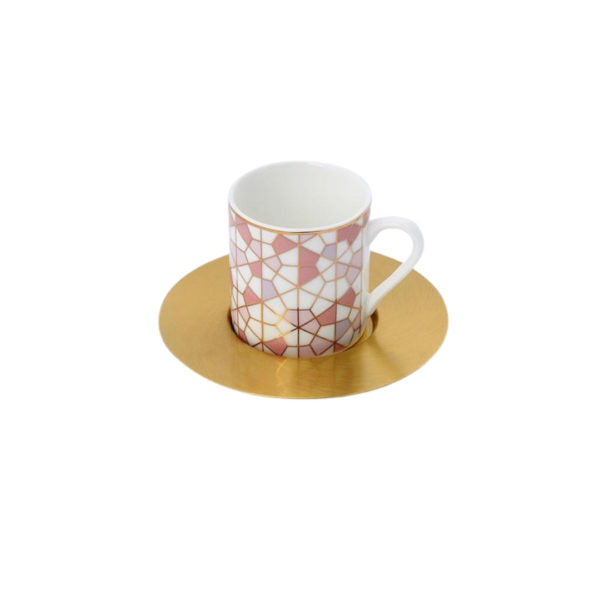 Set of 6 Geo Pink Espresso Cups with Brass Saucers