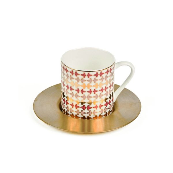 Set Of 6 Pink Al Hambra Espresso Cups With Brass Saucers