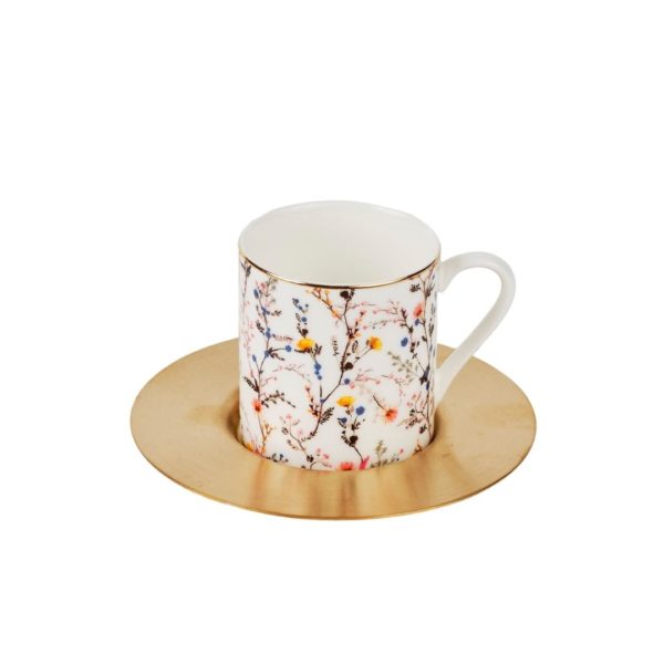 Set of 6 Botanical Espresso Cups With Brass Saucers