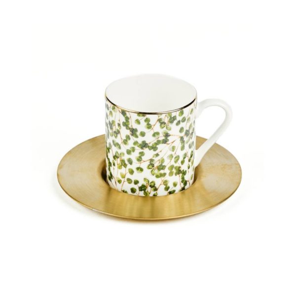 Set Of 6 Ivy Espresso Cups With Brass Saucers