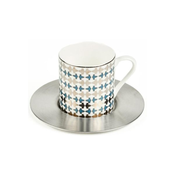 Set Of 6 Blue Al Hambra Espresso Cups With Brass Saucers