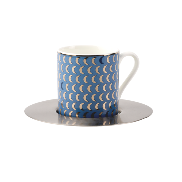 Set Of 6 Moon Rise Espresso Cups With Brass Saucers