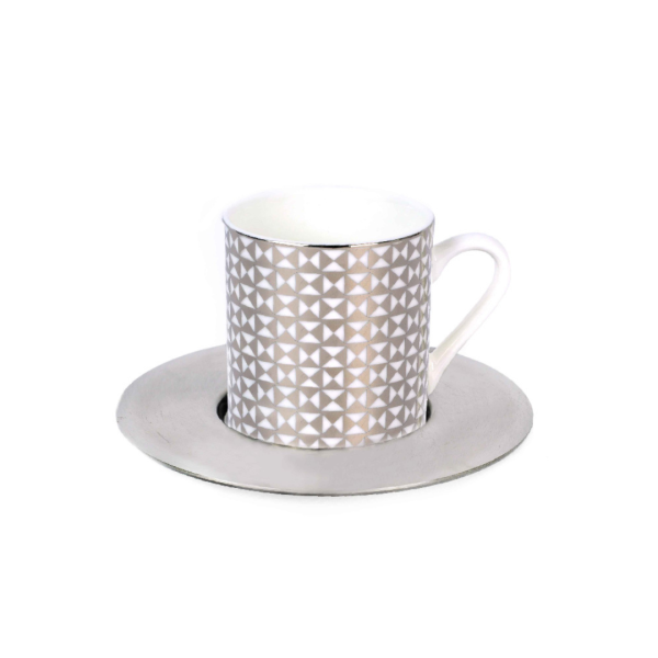 Set Of 6 Tri Platinum Espresso Cups With Brass  Saucers