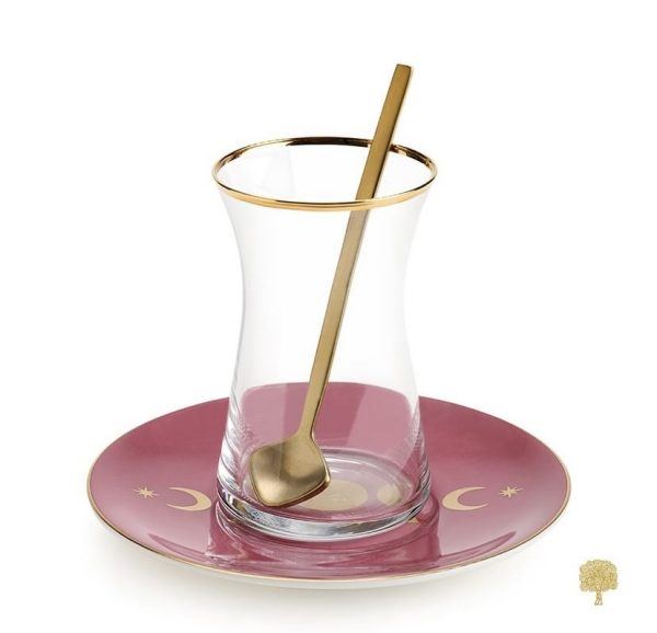 Set Of 6 Hilal Rose Tea Cups (Istikana) and Saucers.